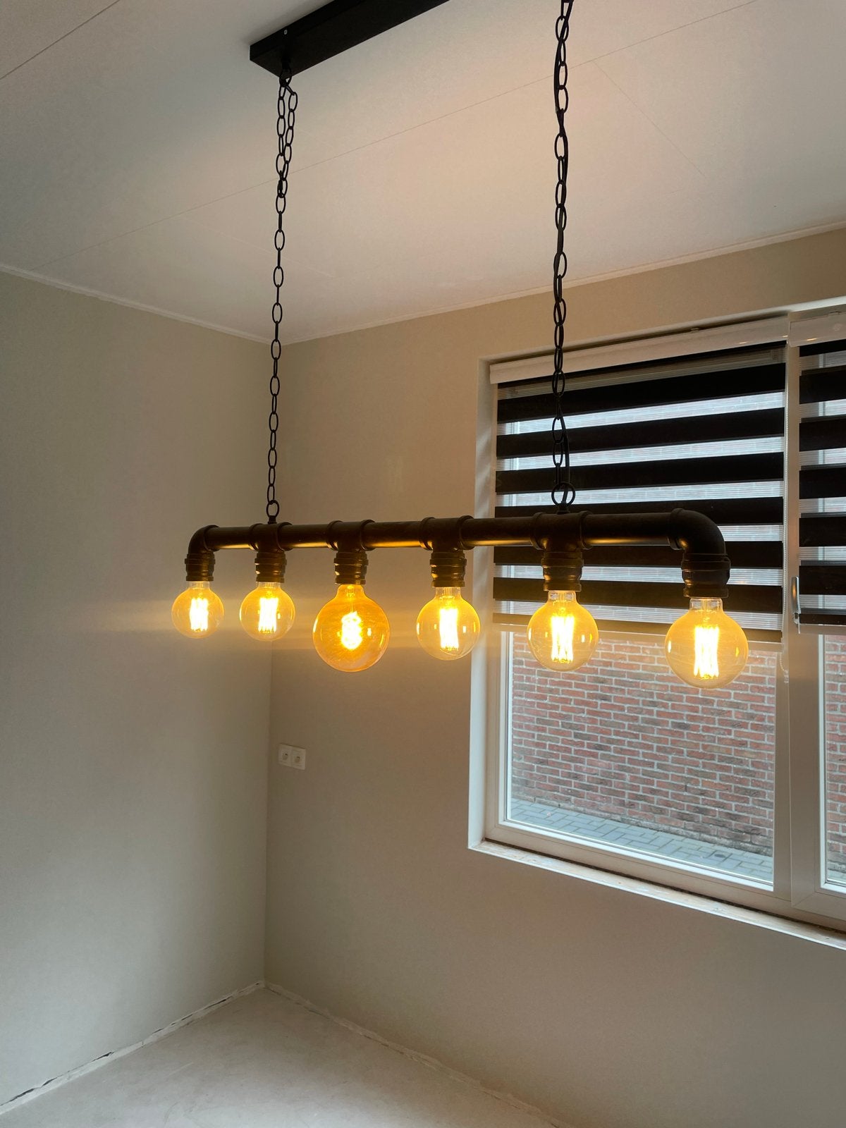 Industriële hanglamp met 6 Edison lampen - Zwart metaal, Ophalen of Verzenden, Zo goed als nieuw, Metaal, E27 (groot)