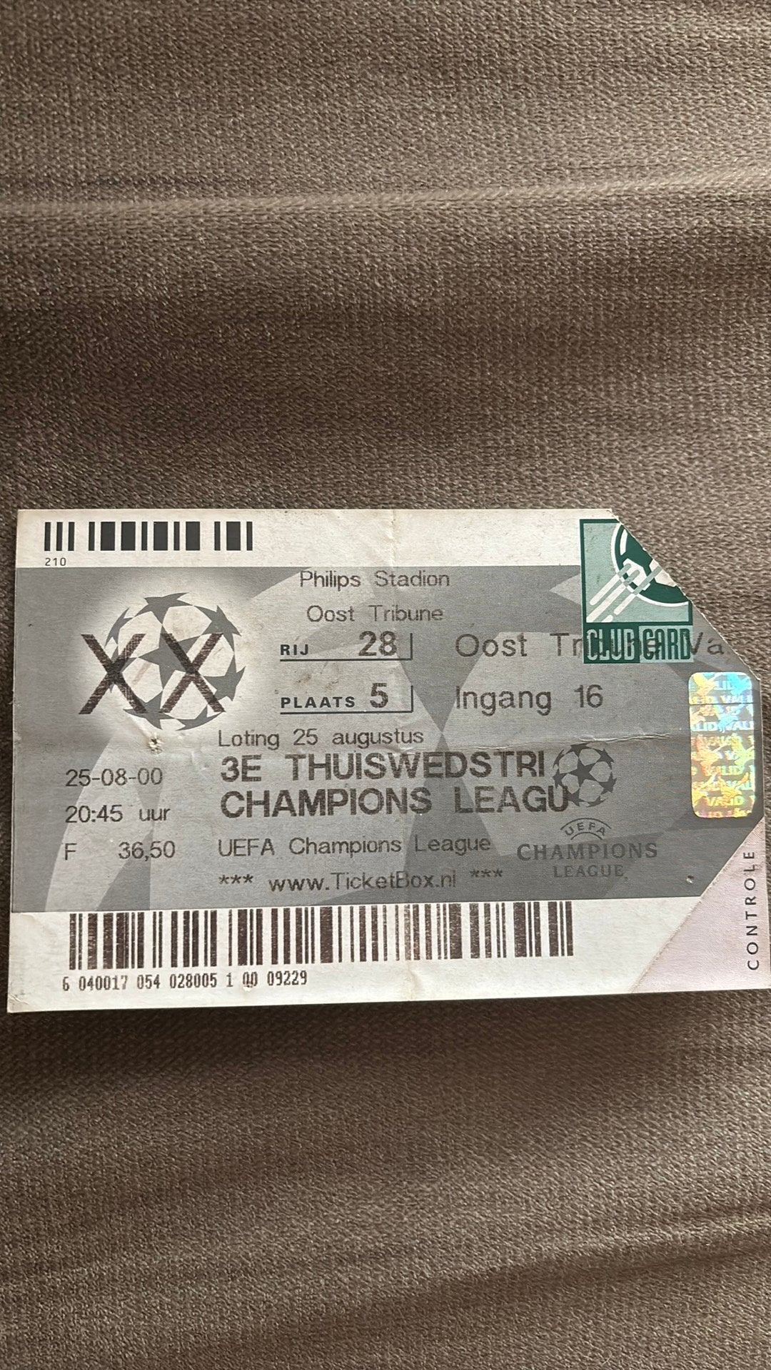 Oud stadionticket psv anderlecht 2000, Ophalen of Verzenden, Zo goed als nieuw, PSV