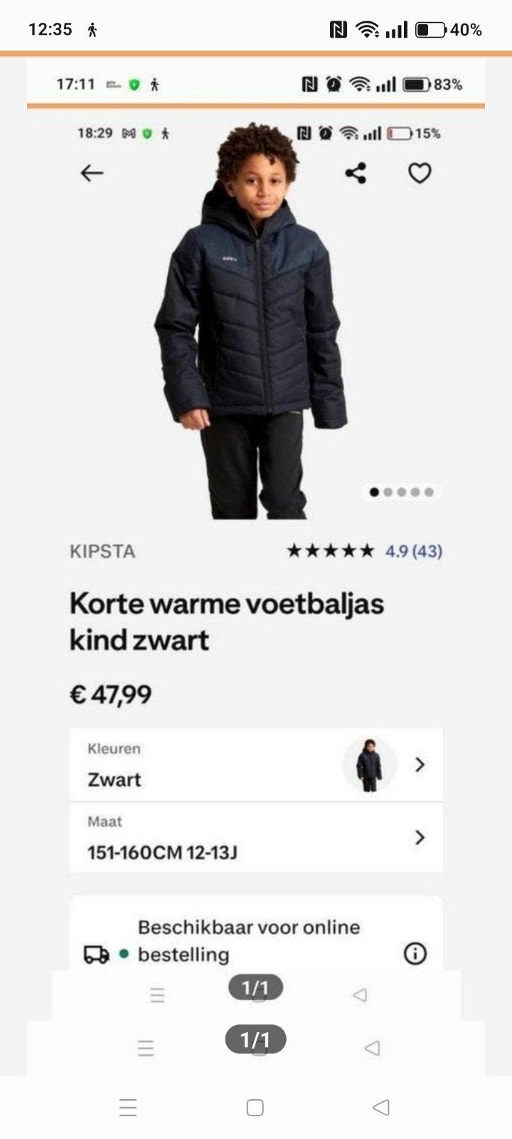 Kipsta Winter Voetbaljas kids zwart maat 151-160cm 12-13jaar, Ophalen of Verzenden