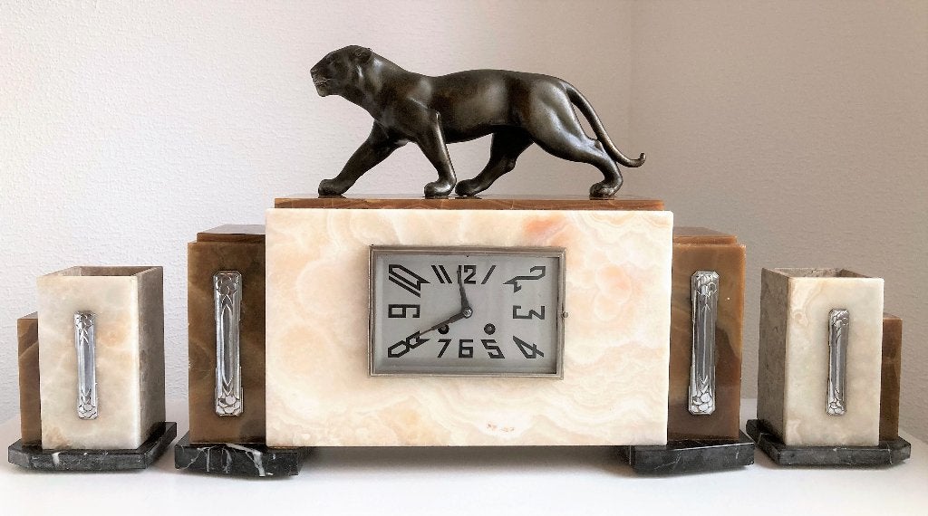 art deco klokkenstel pendule met panter Frankrijk jaren 30, Antiek en Kunst, Ophalen of Verzenden