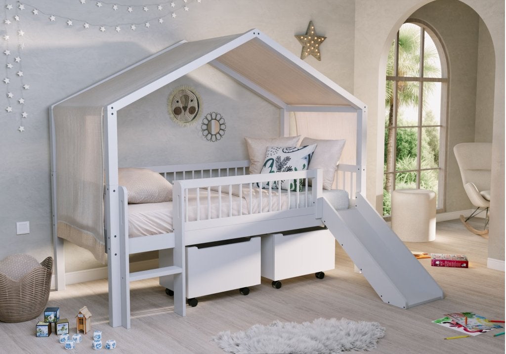 Forrest Beech huisbed met glijbaan - 90x200 - Wit beuken, Niet ingevuld, Niet ingevuld, Niet ingevuld