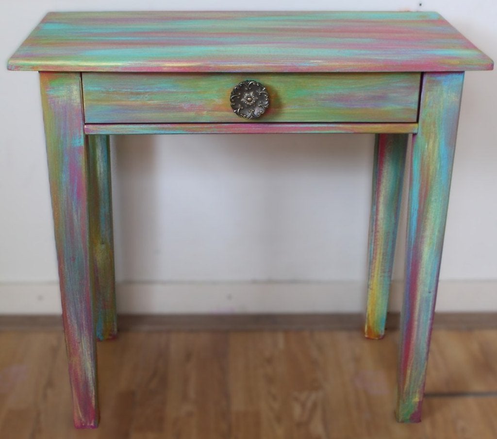 Een regenboog tafeltje met lade, bijzettafel, sidetable, 45 tot 60 cm, Minder dan 55 cm, Rond, Ophalen of Verzenden