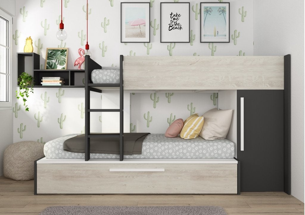 Jules stapelbed met kast en slaaplade - 90x200 - Antraciet, Niet ingevuld, Niet ingevuld, Niet ingevuld