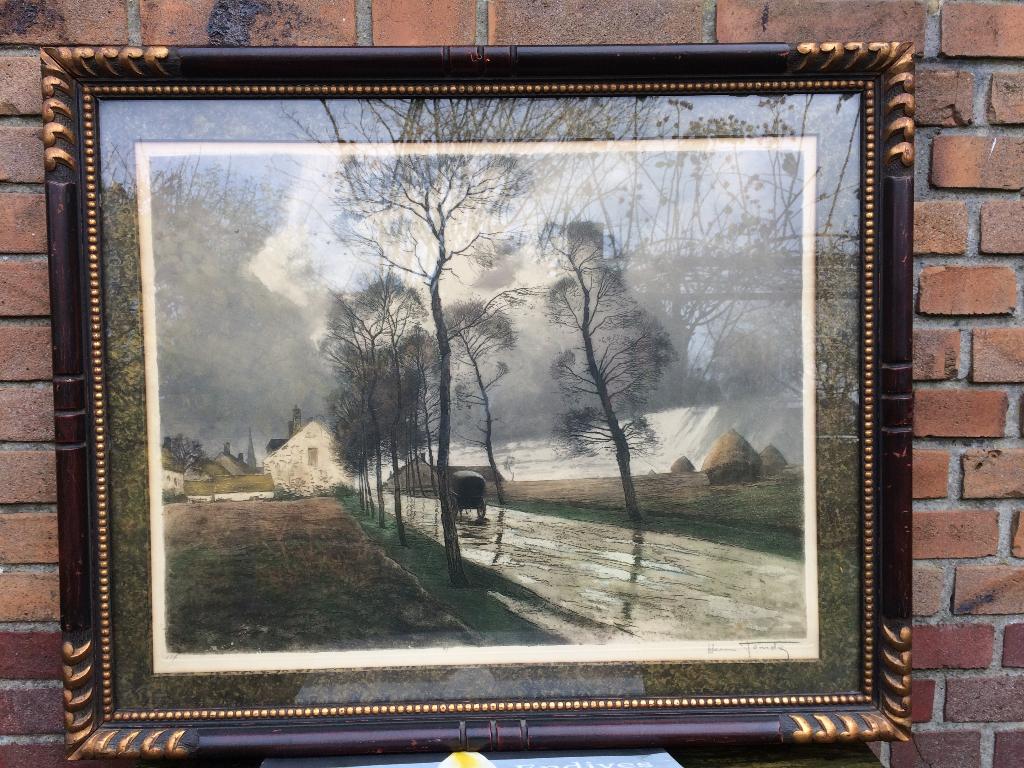 Henri Jourdain ets gravure aquatint druilerig landweggetje, Ingelijst, 81 cm, 67 cm, Ophalen of Verzenden