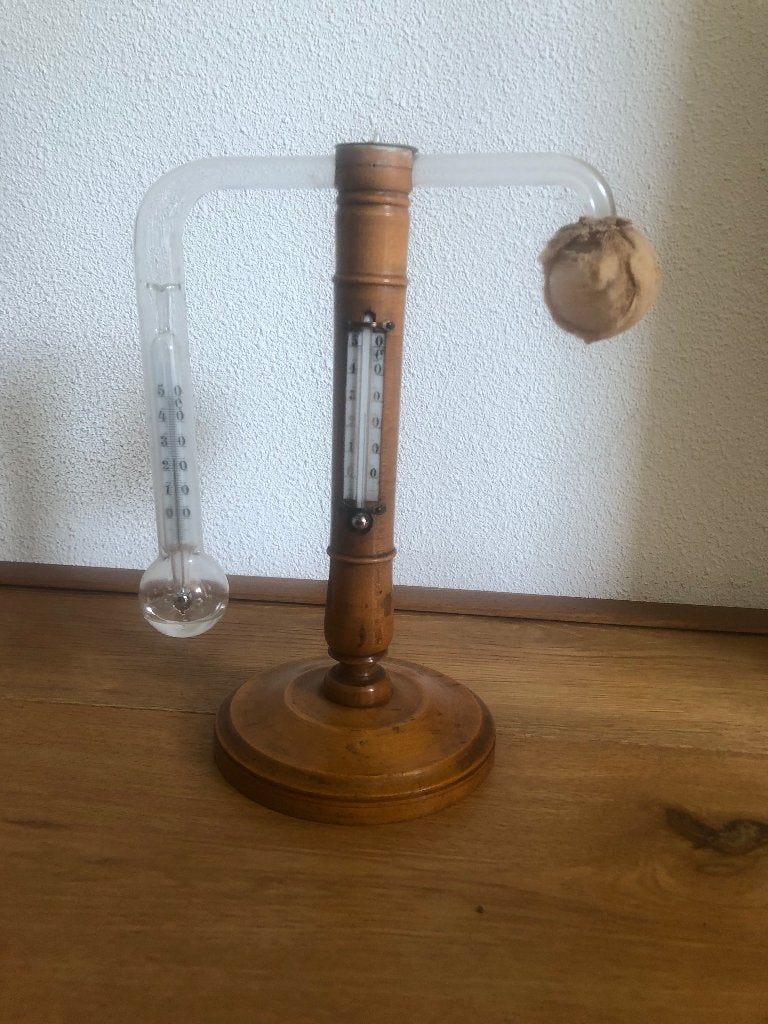 Antieke nattebolthermometer/hygrometer op houten voet, Ophalen of Verzenden