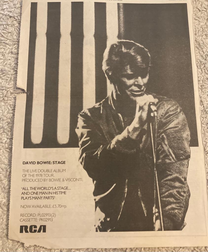 Paginagrote A3 advertentie DAVID BOWIE Stage release, Ophalen of Verzenden, Zo goed als nieuw, 12 inch