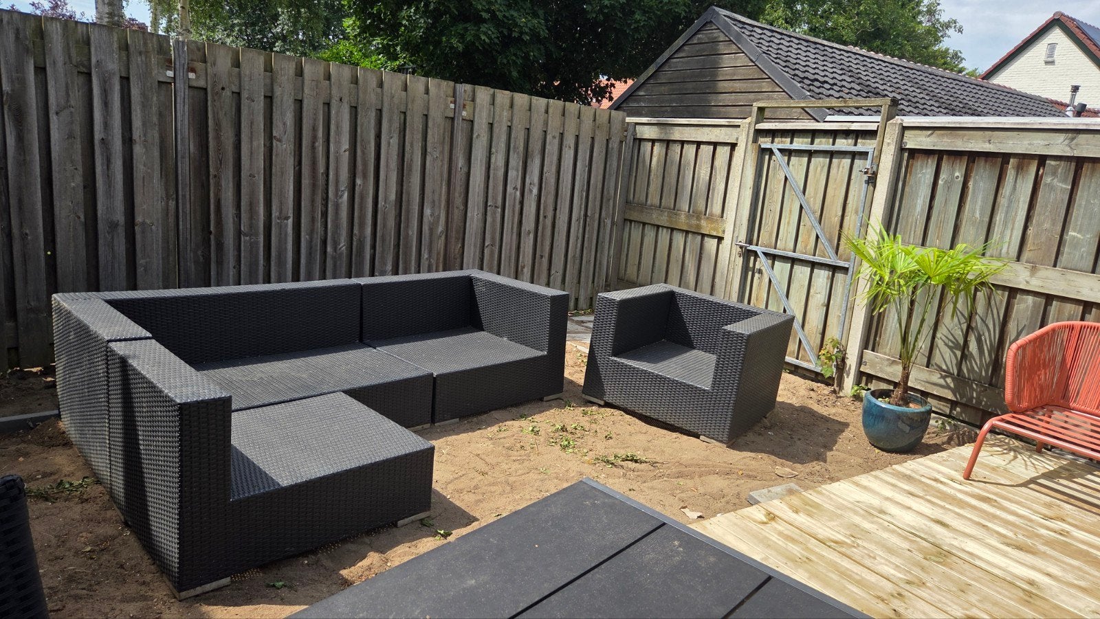 Moderne Wicker Loungeset - Zwart, 5 zitplaatsen, Tuin en Terras, Tuinsets en Loungesets, Ophalen, Gebruikt, Wicker
