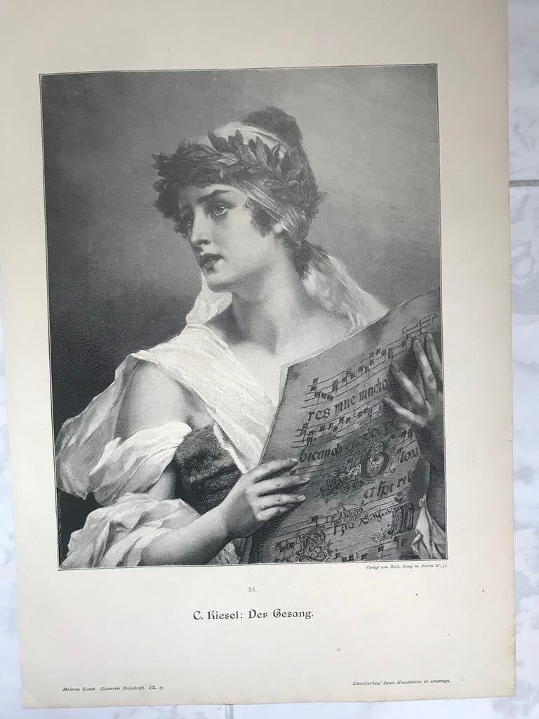 C. Kiesel: Der Gesang, 1898, or. gravure, 27x21cm., mooi!, Antiek en Kunst, Origineel, 1800 - 1899, Portret, 27 cm