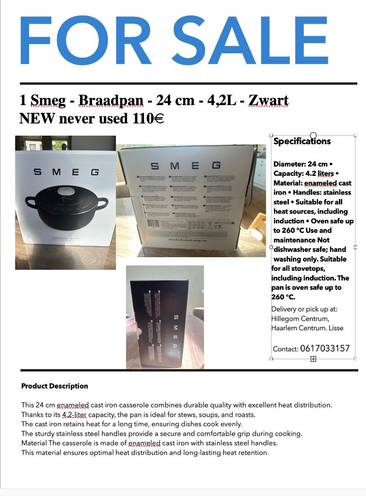 1 Smeg - Braadpan - 24 cm - 4,2L - Zwart  NEW never used, Ophalen of Verzenden, Nieuw, Gietijzer, Koekenpan of Braadpan