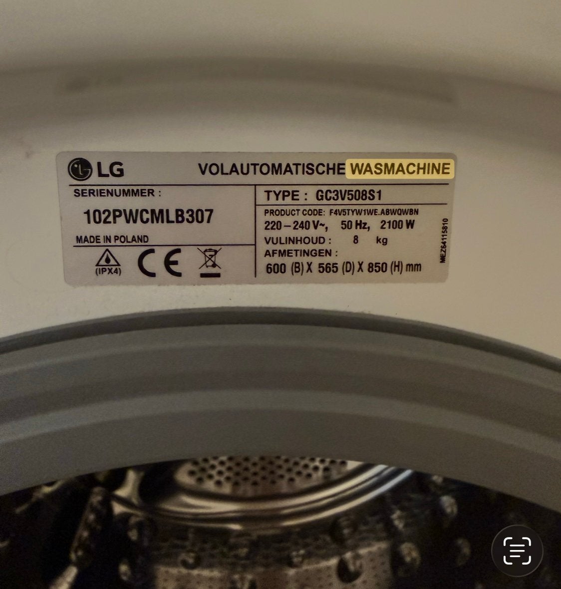 Wasmachine LG 5 jaar oud, Ophalen, 1200 tot 1600 toeren, 85 tot 90 cm, Bovenlader