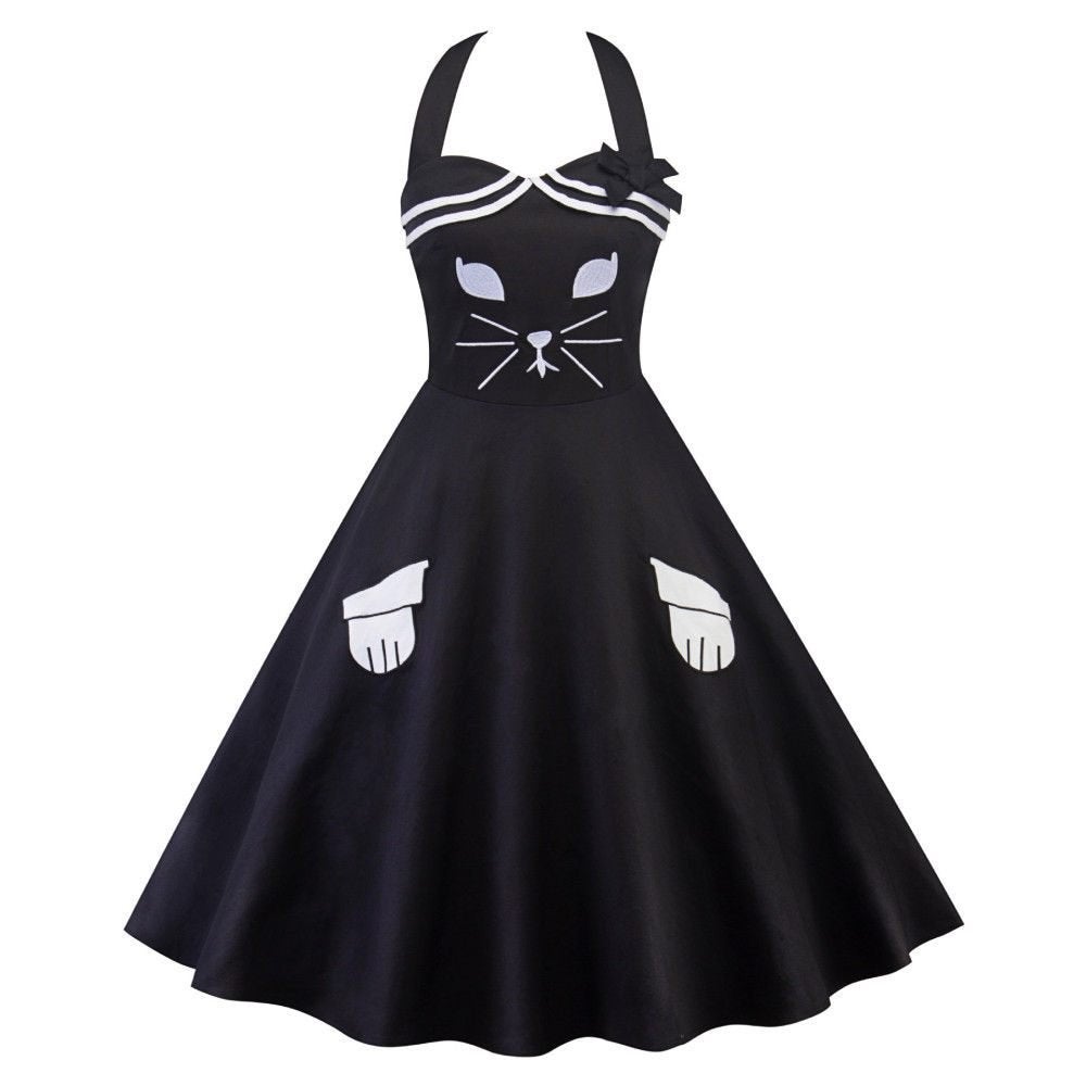 Zwarte kat jurk (vintage jurkje pin up dames vrouwen), Verzenden, Nieuw, Zwart, Knielengte