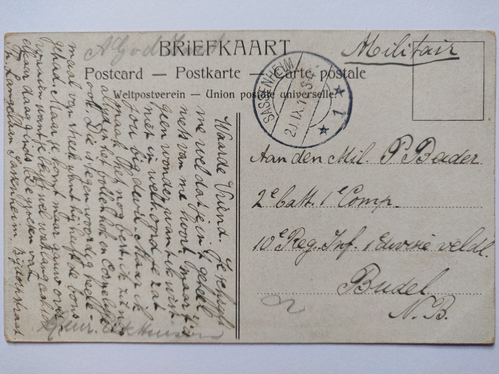 g18 rotterdam naar budel 1915 mitair, Verzamelen, Ophalen of Verzenden, 1920 tot 1940, Zuid-Holland