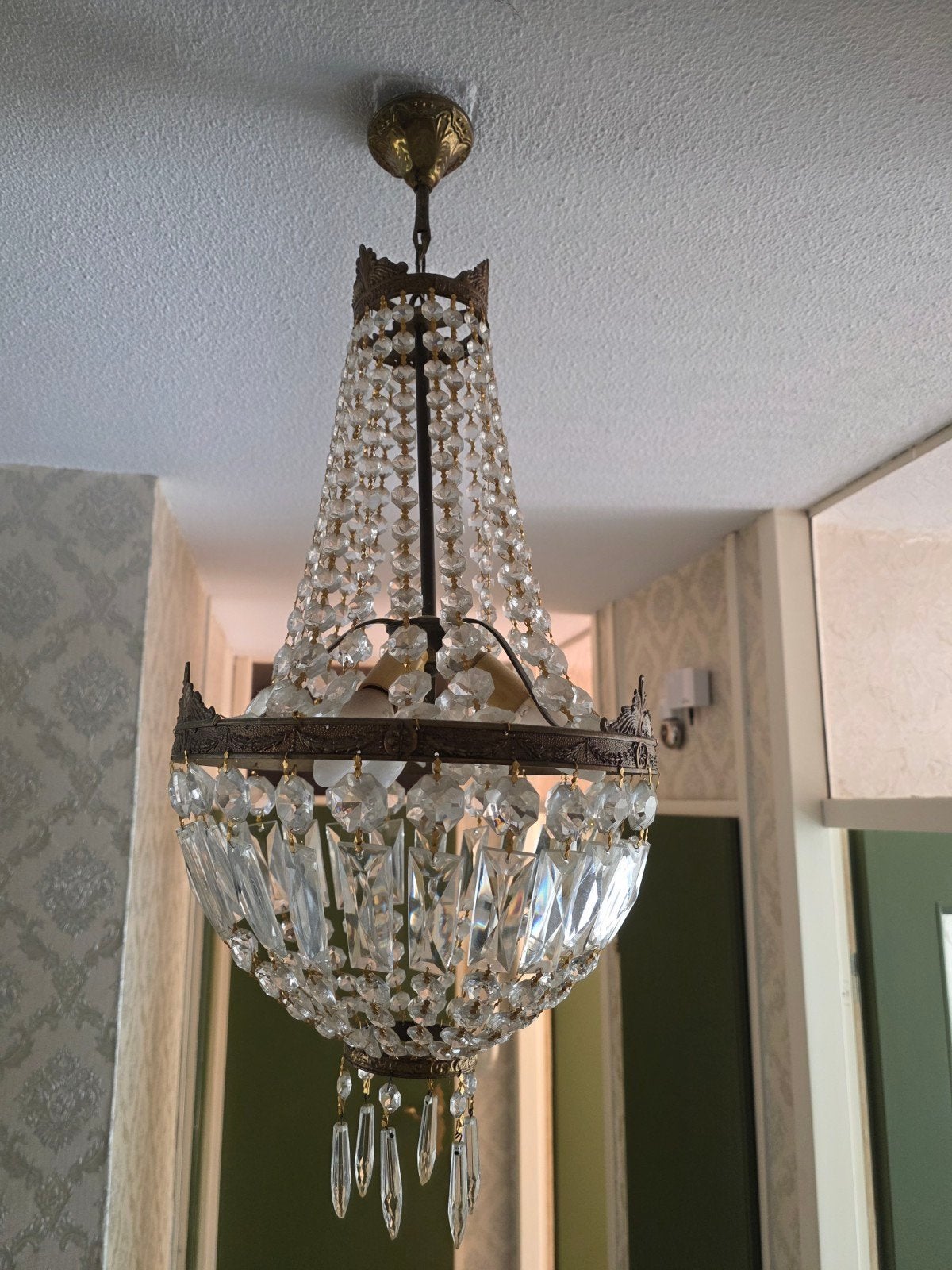Prachtige Antieke Empire Zakkroonluchter - Kristal 73cm, Huis en Inrichting, Lampen | Kroonluchters, Ophalen of Verzenden, E14 (klein)