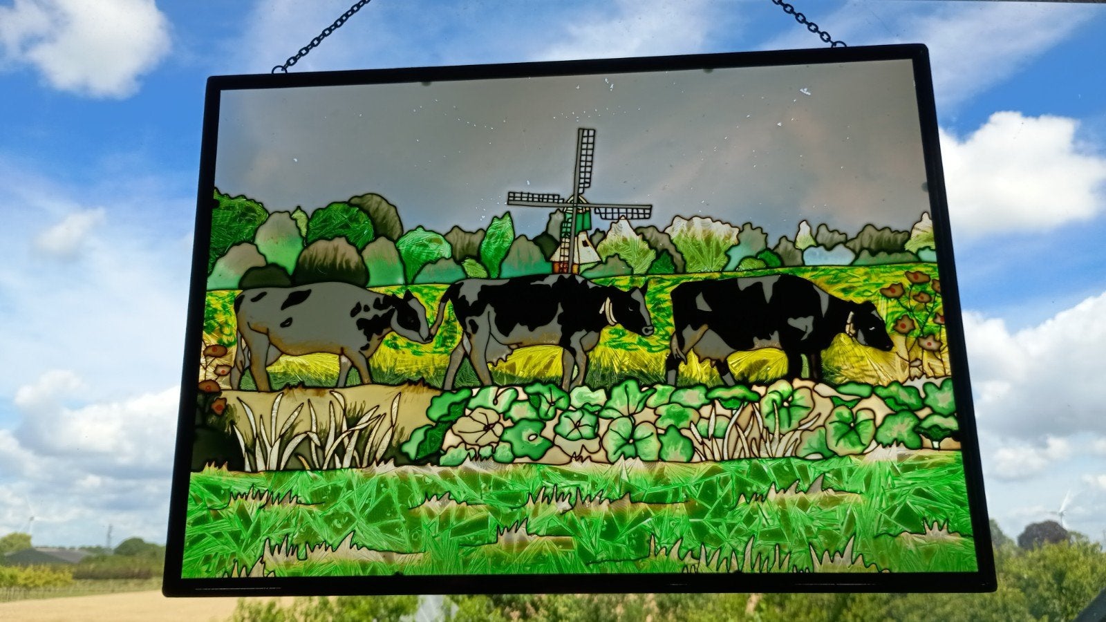 Glas-in-lood schilderij met Hollands landschap en koeien, Ophalen of Verzenden