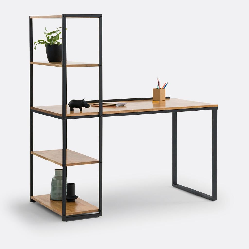 Bureau-boekenrek in eik en metaal Desk-bookshelf, Huis en Inrichting, Bureaus, Ophalen, Gebruikt, Scandinavisch, Hout