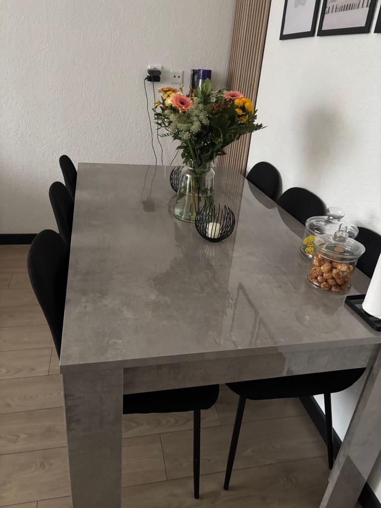 Moderne eettafel, salontafel en tv-meubel set - betonlook, Ophalen, Zo goed als nieuw, Rechthoekig