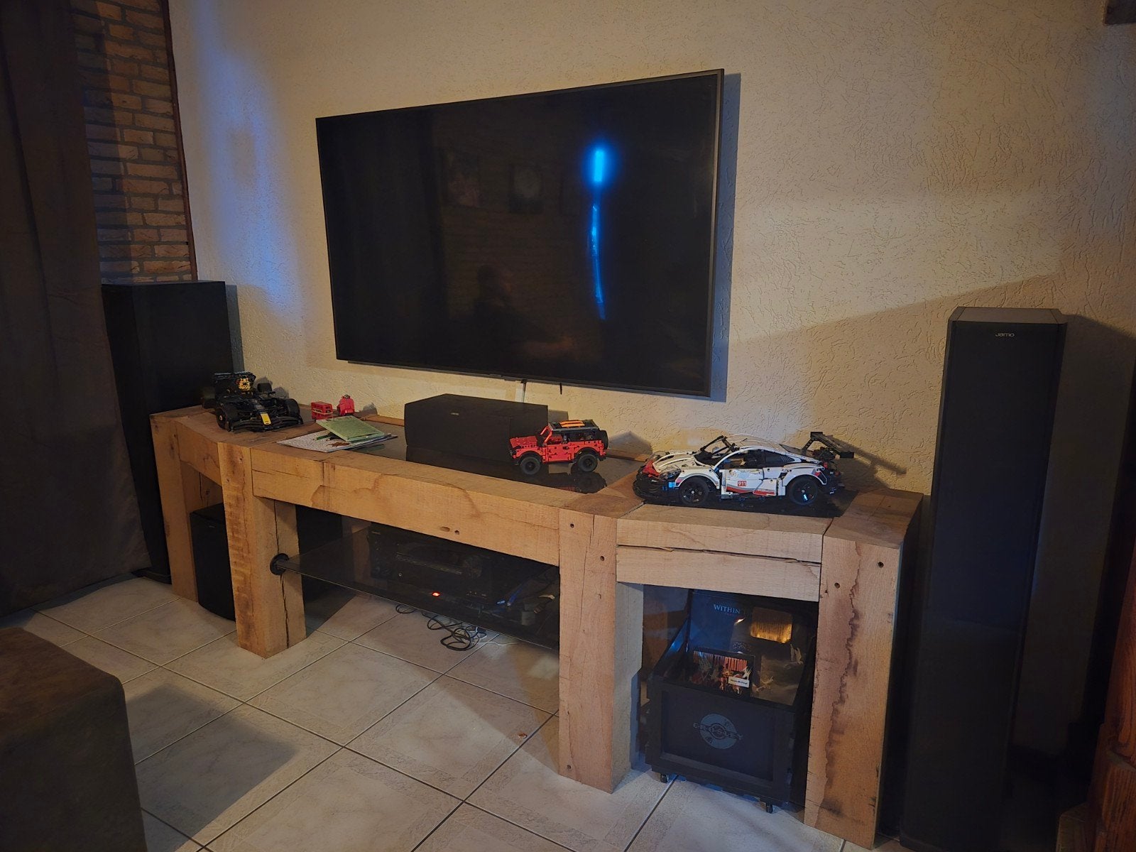Robuuste houten salontafel met glazen blad, Ophalen, Gebruikt, Vierkant, Eikenhout