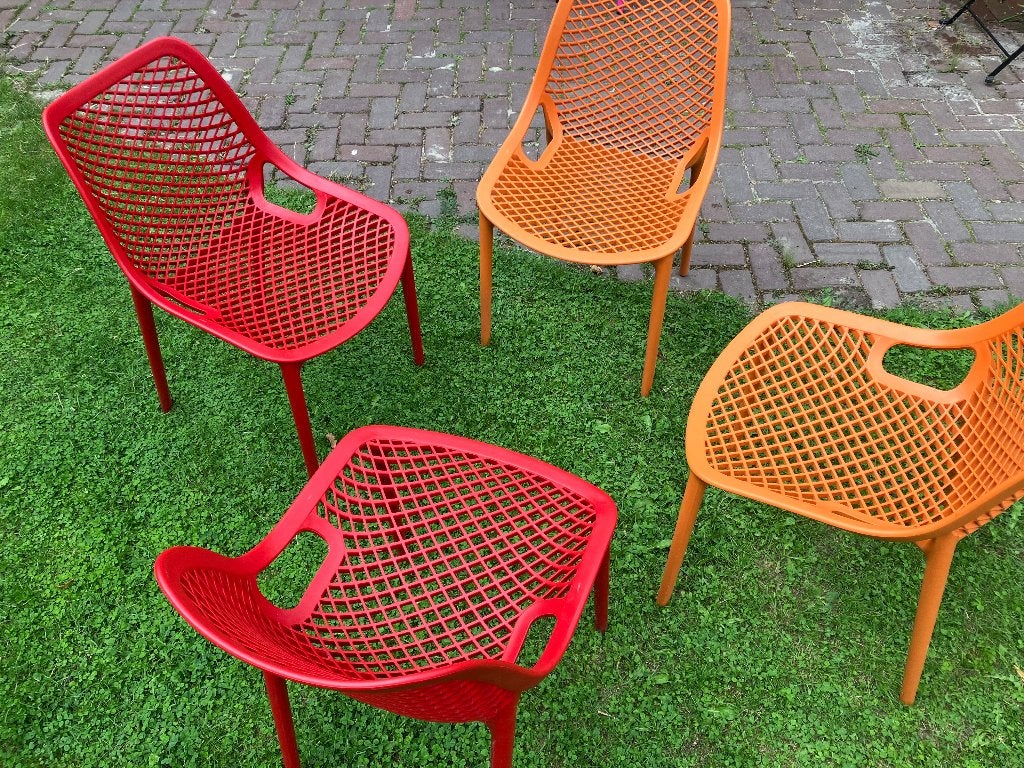 4 tuinstoelen oranje rood, Ophalen, Gebruikt, Kunststof, Stapelbaar