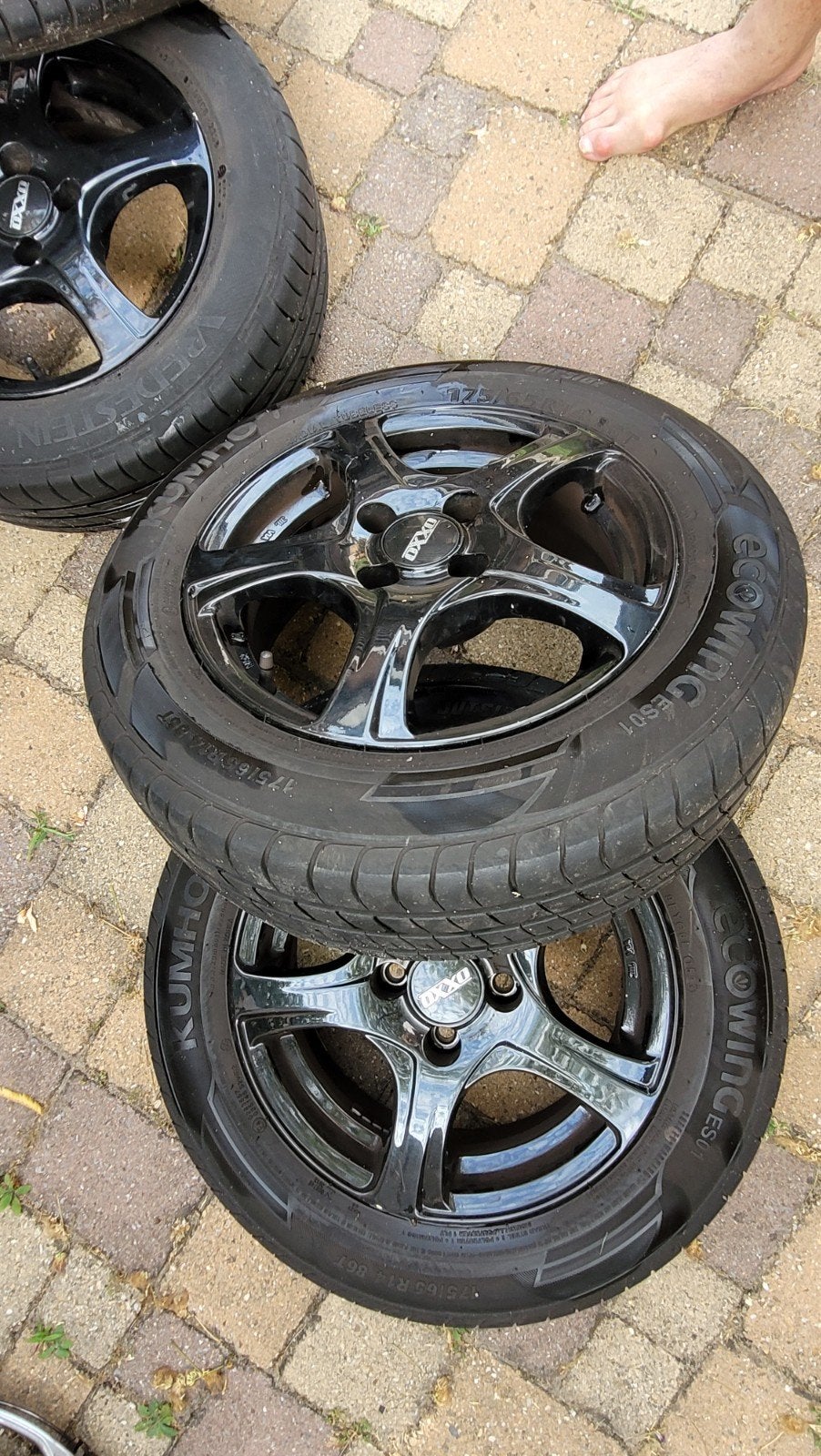 4 nette zwart metalen velgen inclusief zomerbanden, Ophalen, 14 inch, Gebruikt, 175 mm