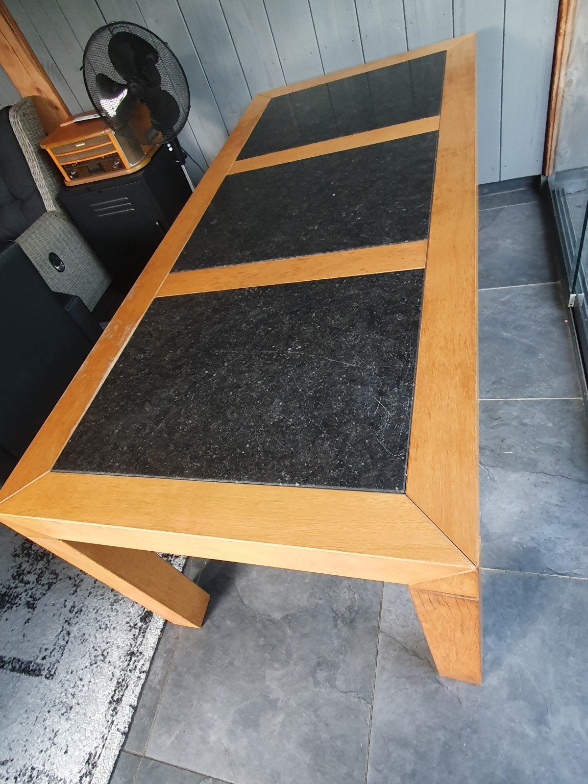 Eettafel eiken met hardsteen 90x200 cm, Huis en Inrichting, Tafels | Eettafels, Ophalen, Gebruikt, 50 tot 100 cm, Vijf personen of meer