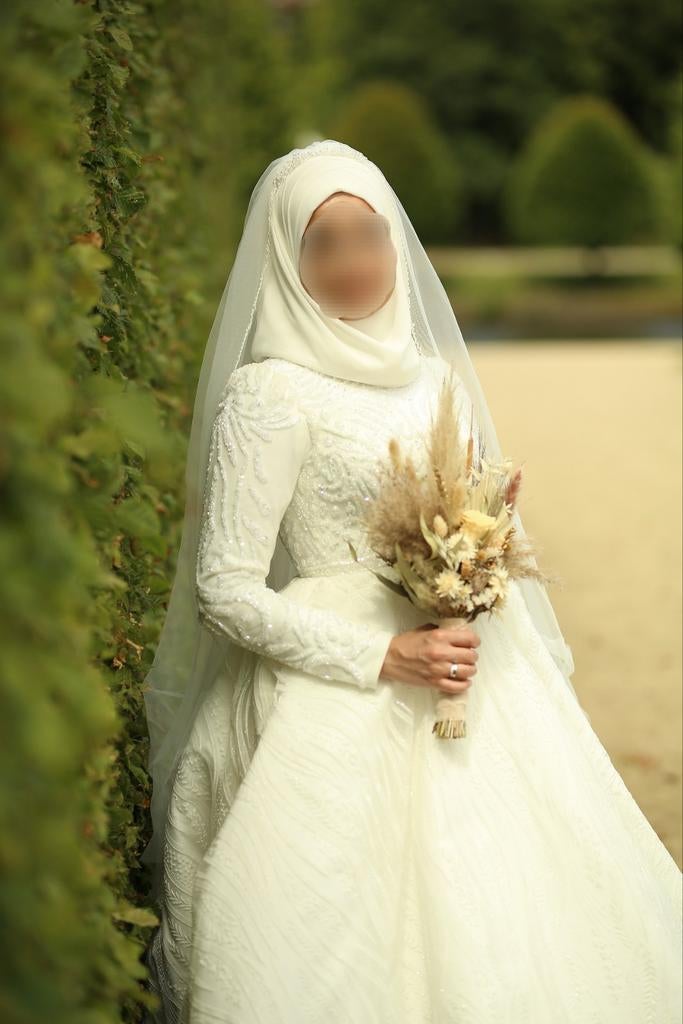 Bruidsjurk, gelinlik, hijab, galajurk, trouwjurk, tesettur!, Ophalen, Zo goed als nieuw, Wit, Trouwjurk