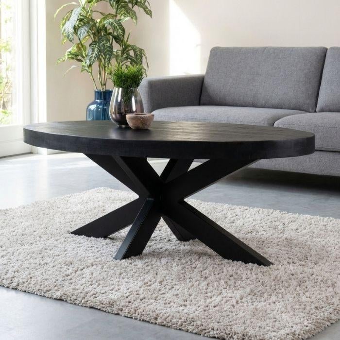 Ovale salontafel zwart mangohout - spinpoot, Ophalen, 100 tot 150 cm, Nieuw, 50 tot 100 cm