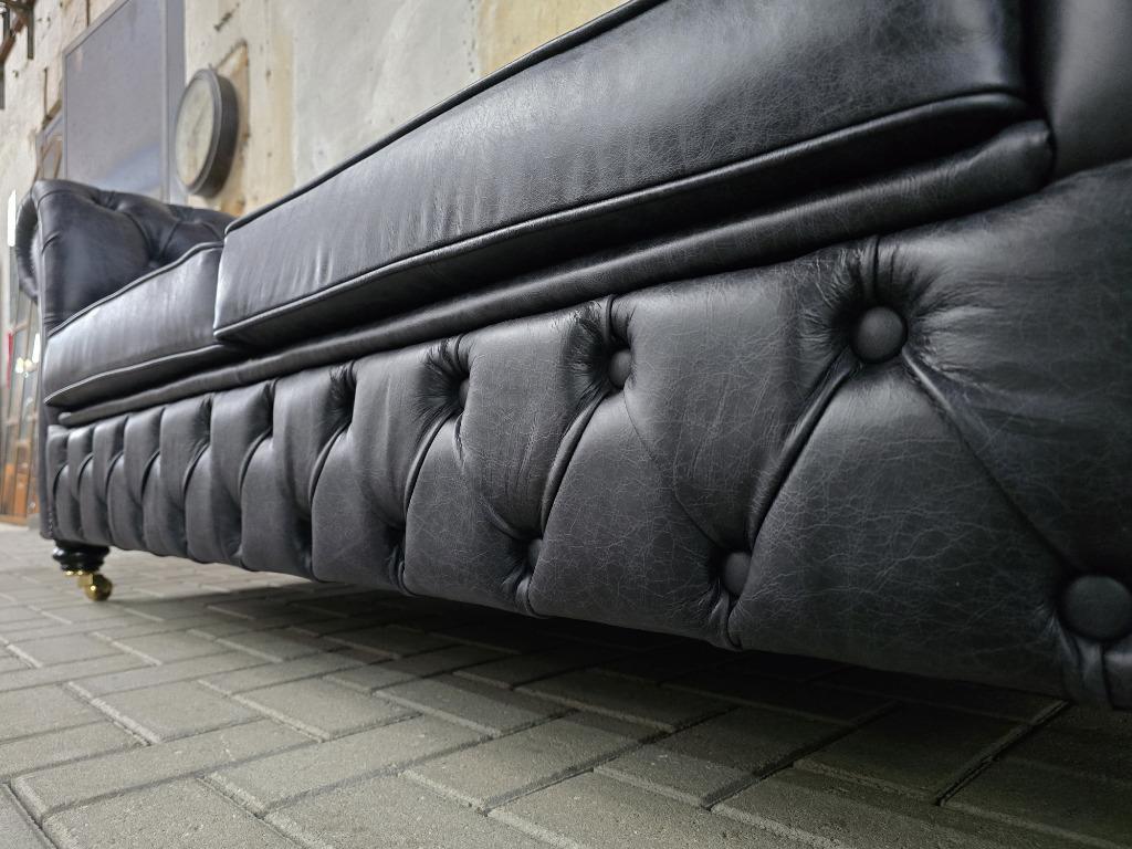 Nieuwe Leren Chesterfield Bank | Drie Persoons Zwart Leder, Metaal, 75 tot 100 cm, Ophalen of Verzenden, Rechte bank
