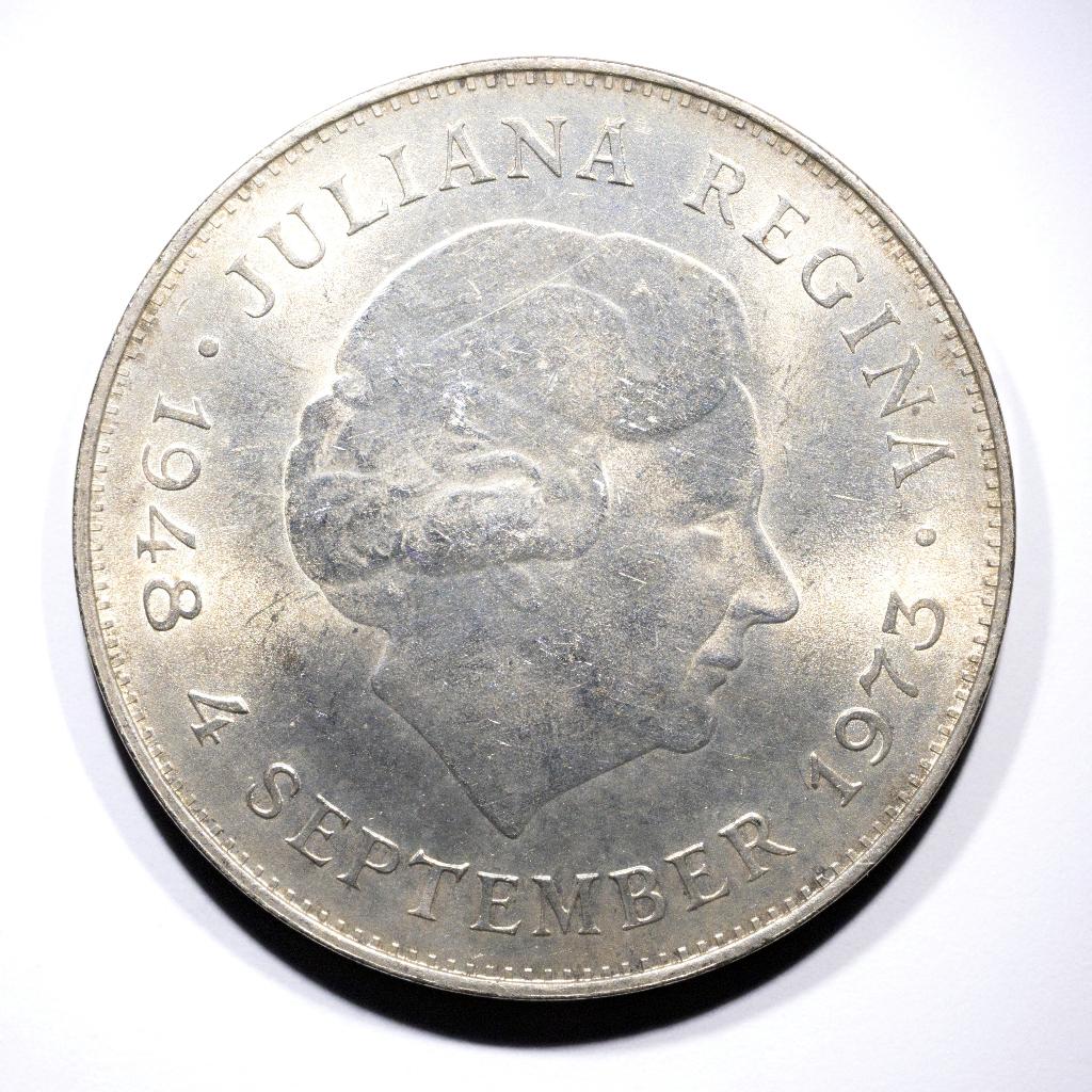 10 gulden Juliana 1973 herdenkingsmunt, Koningin Juliana, Zilver, Ophalen of Verzenden, Losse munt