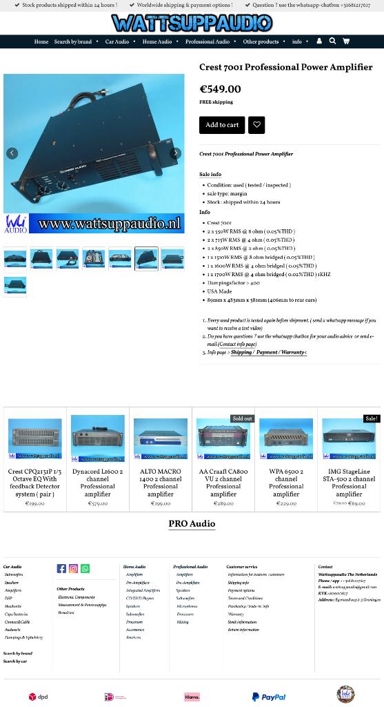 Crest 7001 Professional Power versterker 2 x 550@ 8ohm, Overige merken, Gebruikt, ., Ophalen of Verzenden