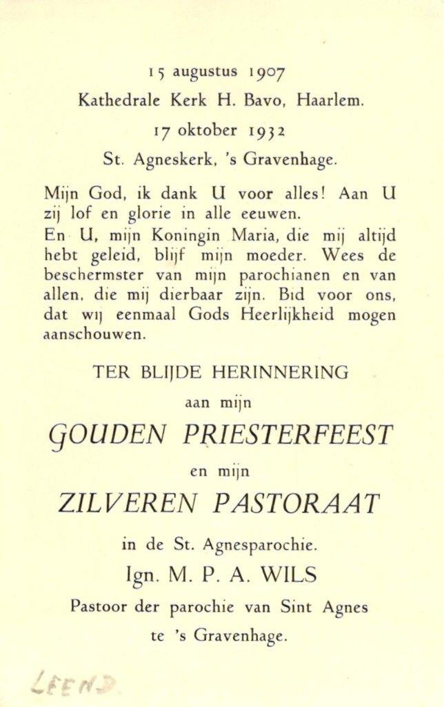 Wils M.P.A. gouden priesterfeest 1932 's-Gravenhage, Ophalen of Verzenden