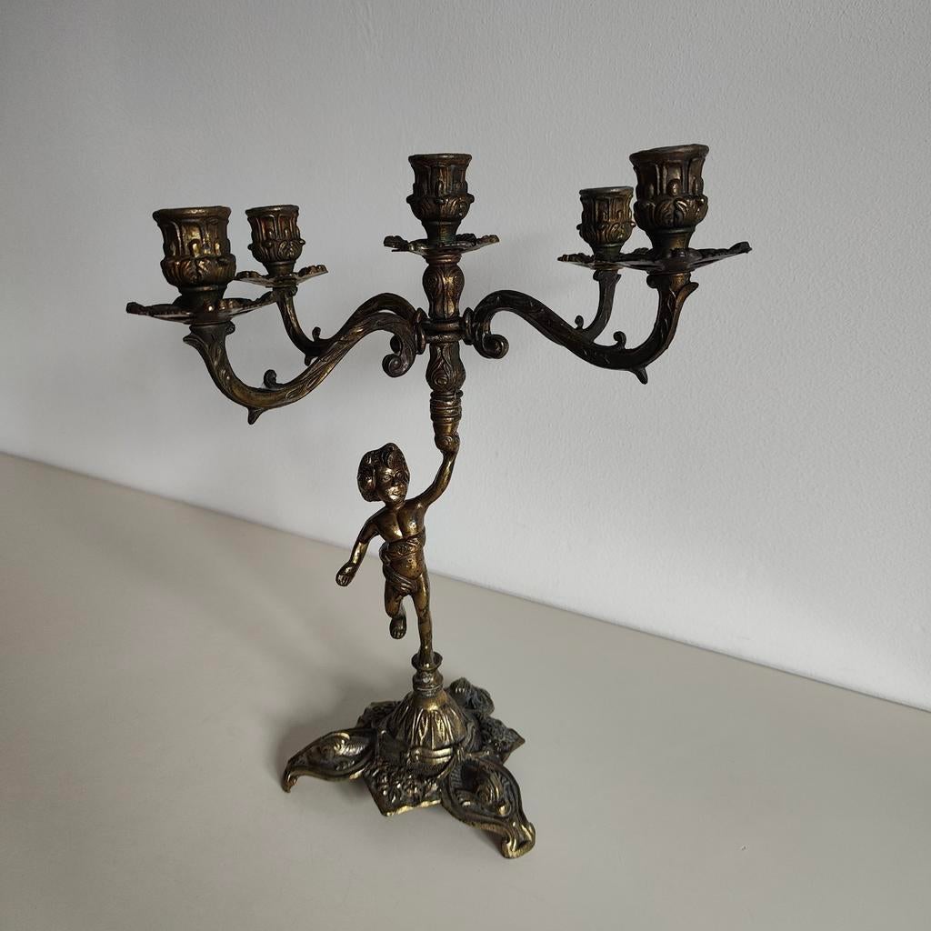 Franse koperen 5-armige kandelaar met cherubijn vintage, Antiek en Kunst, Ophalen of Verzenden, Koper of Brons
