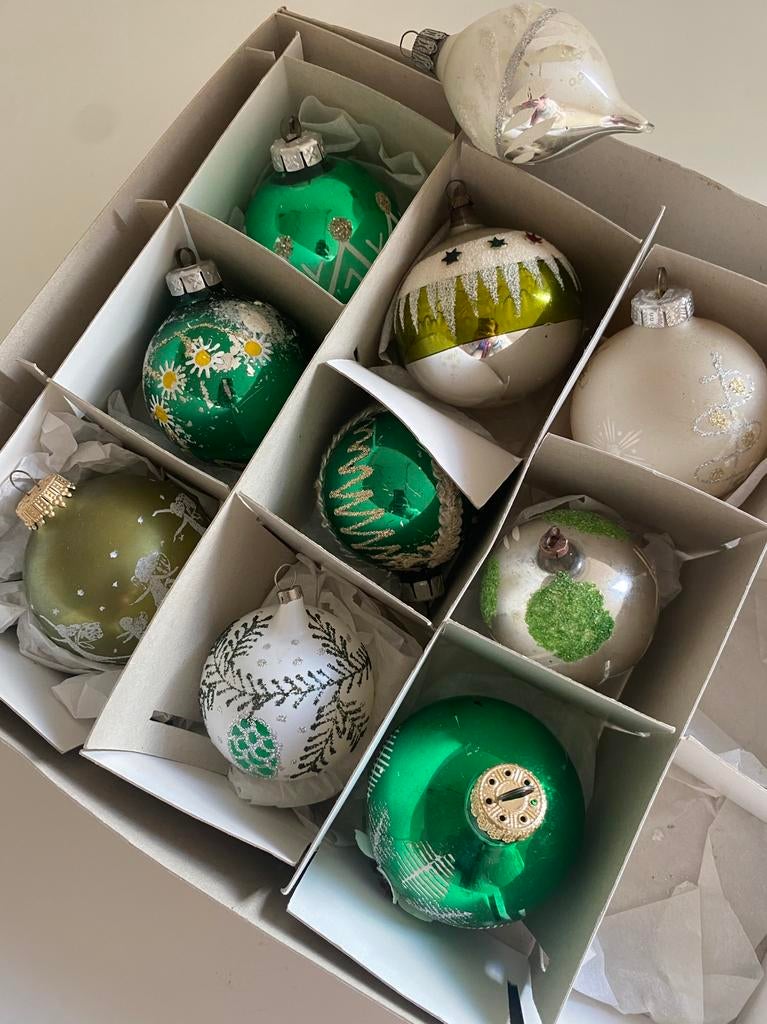 Vintage glazen kerstballen-jaren 50/70- handbeschilderd, Diversen, Kerst, Ophalen of Verzenden, Zo goed als nieuw