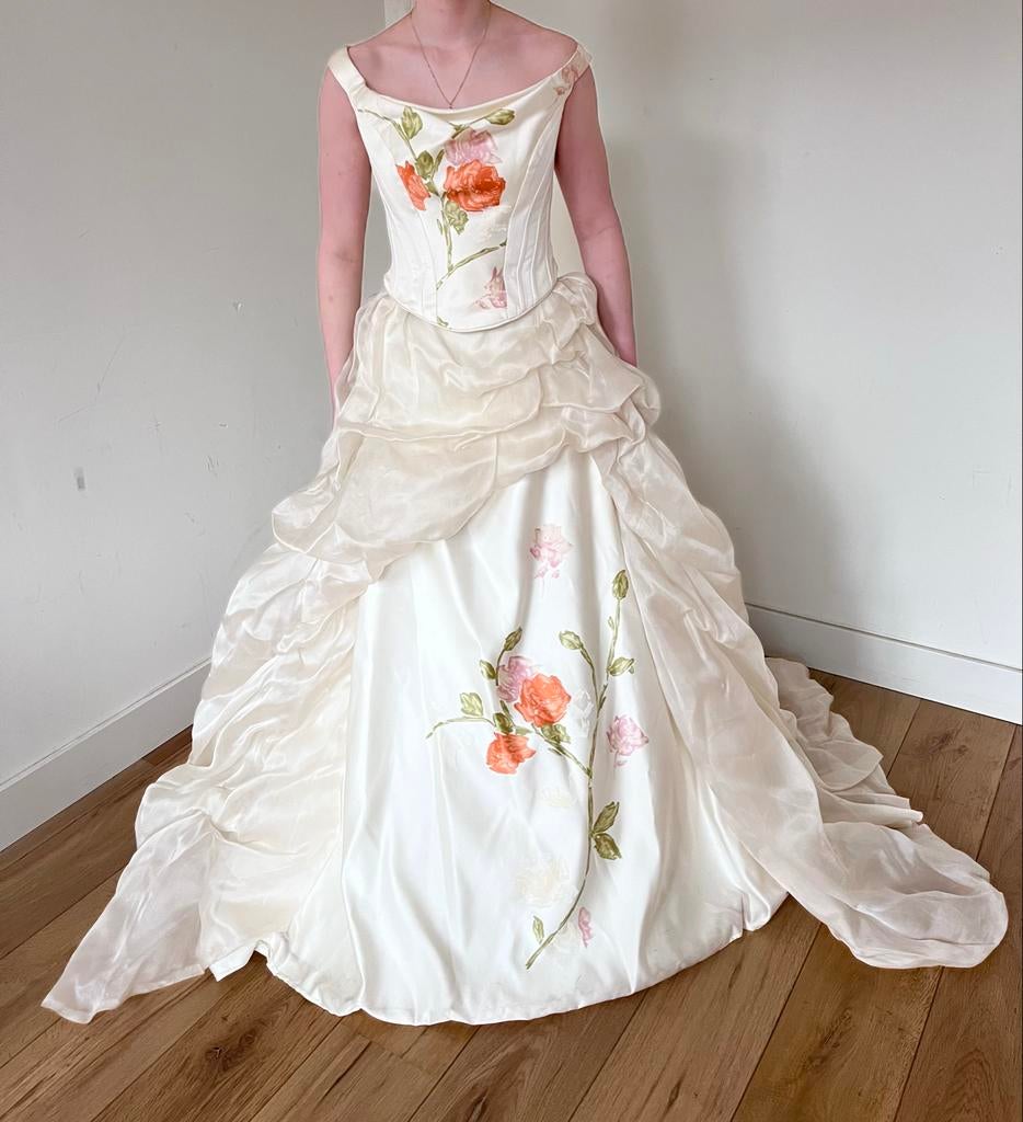 Pronovias Trouwjurk Maat 36/38 - Champagne kleur met Rozen, Ophalen, Zo goed als nieuw, Wit, Trouwjurk