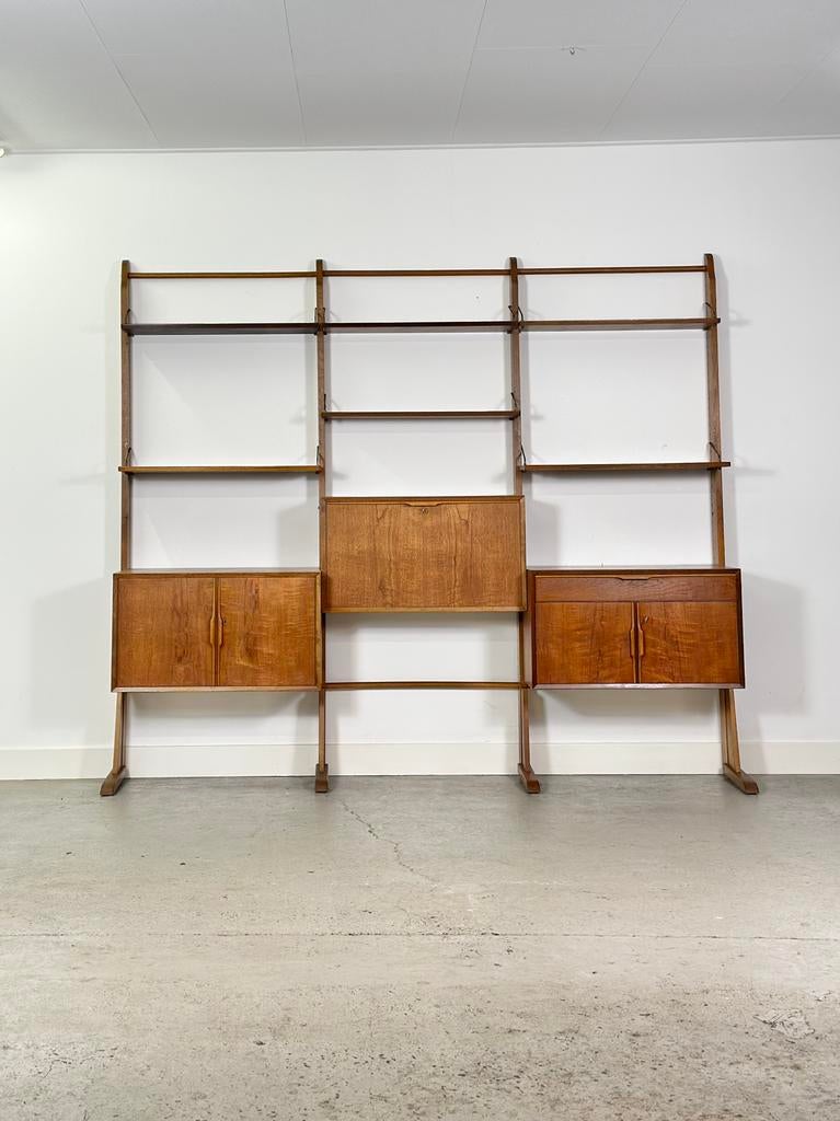 Vintage design modulair wandmeubel eiken hout jaren 50/60, Huis en Inrichting, Kasten | Wandmeubels, Ophalen, Gebruikt, 200 cm of meer