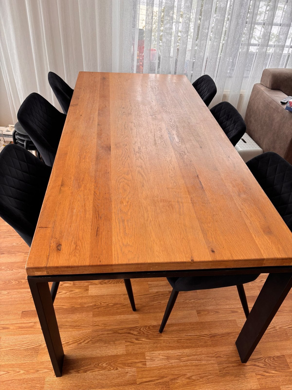 Eettafel met 6 zwarte velvet stoelen, Ophalen, Gebruikt, Eikenhout, 50 tot 100 cm