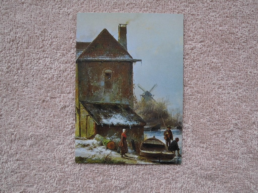 Winterlandschap met molen en figuren aan het water, Ophalen of Verzenden, 1940 tot 1960, Gelopen, Natuur