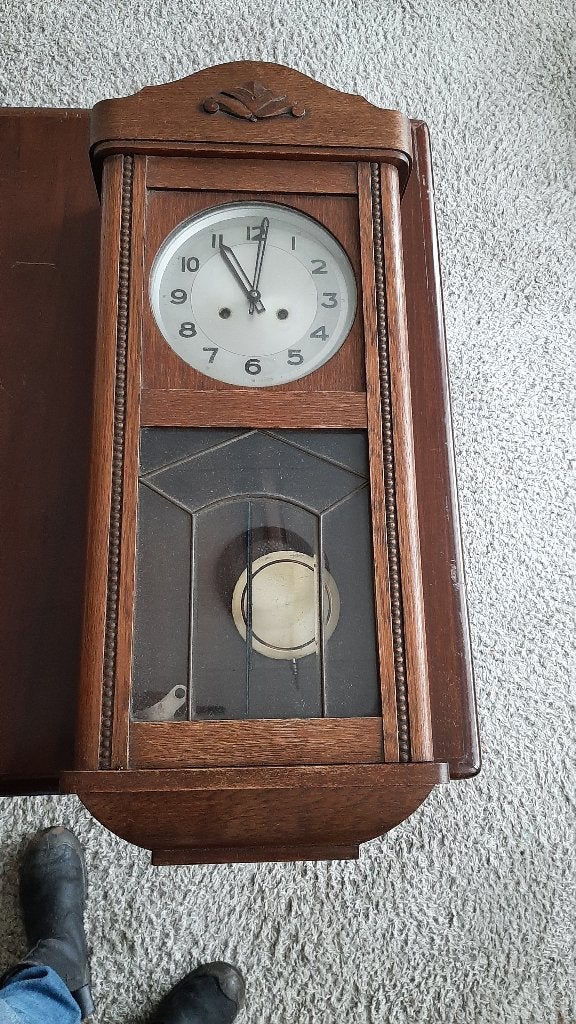 Mooie antieke eiken klok met glas in lood, Ophalen