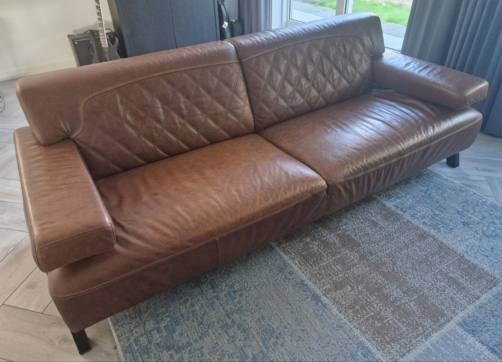 Mooie 3-zits leren designbank – donker cognac – 225 cm, Ophalen, Gebruikt, Driepersoons, Rechte bank