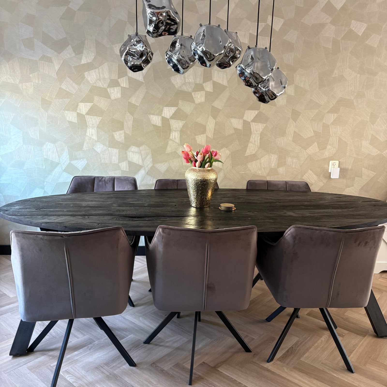 Zwart houten ovale eettafel inclusief antraciet stoelen, Ophalen, 100 tot 150 cm, 200 cm of meer, Zo goed als nieuw