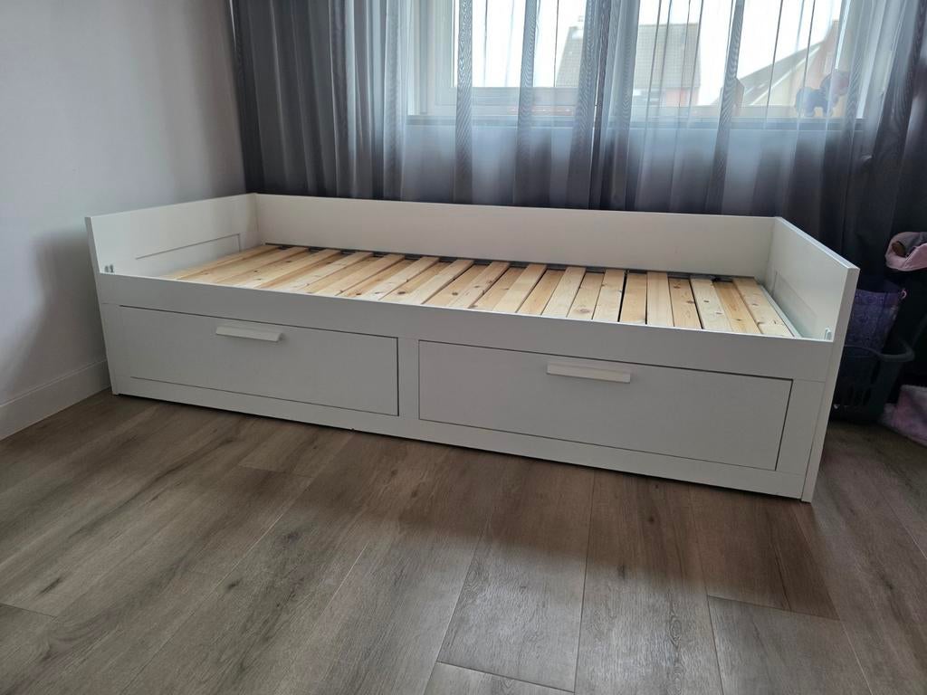 Ikea Brimnes bed met lades en matras (beschadigd), Ophalen, Gebruikt, Eenpersoons, Wit