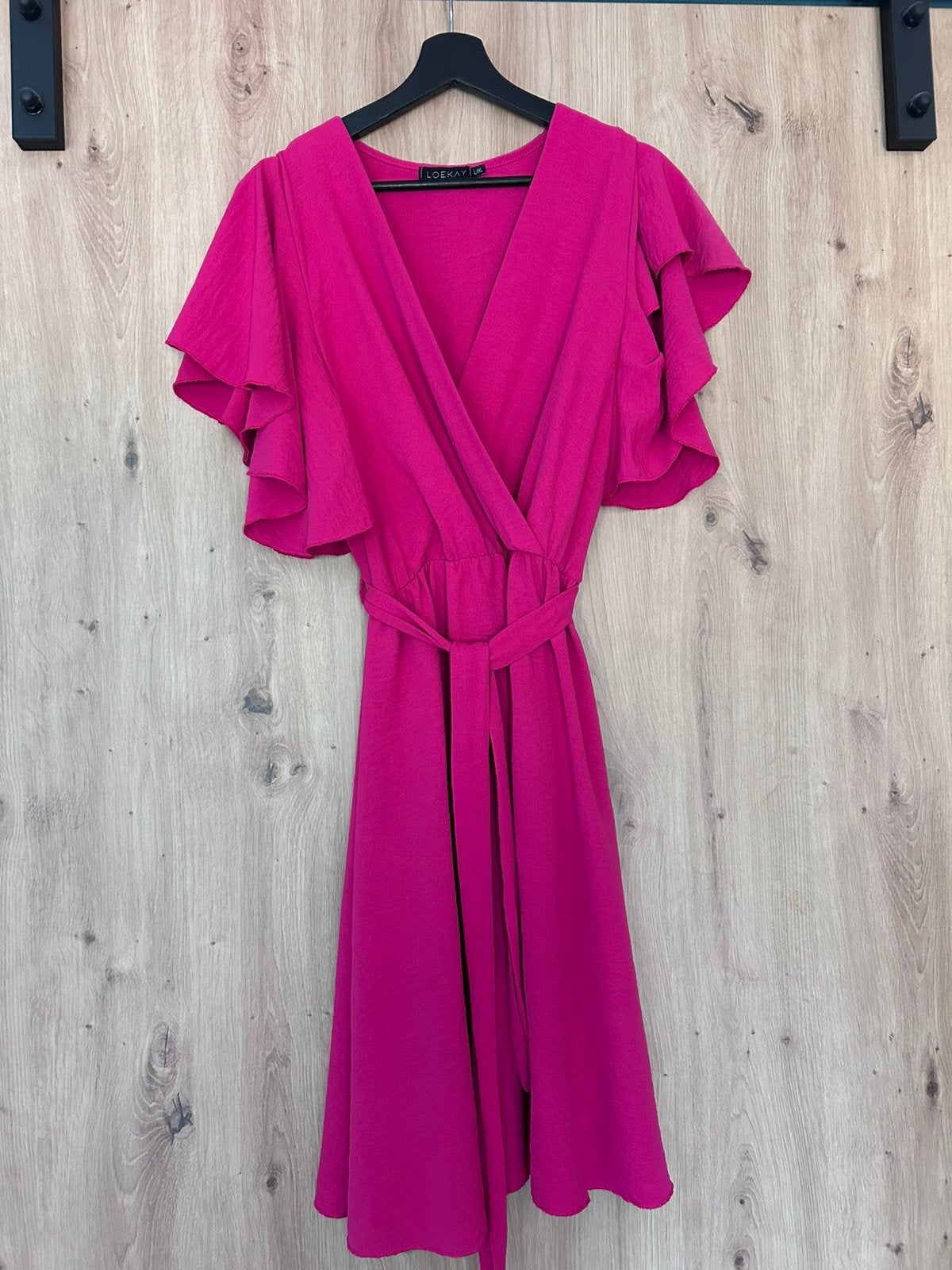 Fuchsia roze jurk L/XL met ceintuur en rouches mouwen, Ophalen of Verzenden, Zo goed als nieuw, Maat 42/44 (L), Roze