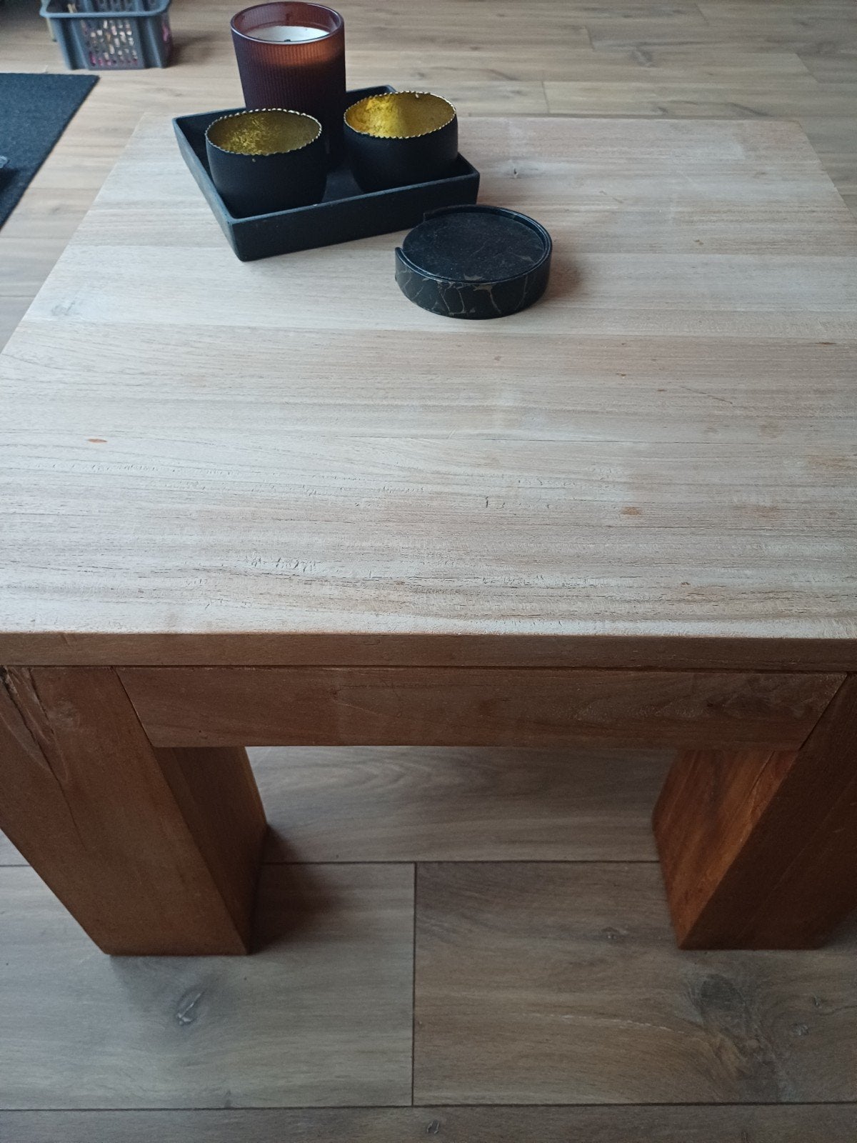 Bijna gratis teak Houten salontafel - vierkant, Ophalen, Gebruikt, 50 tot 100 cm, Vierkant