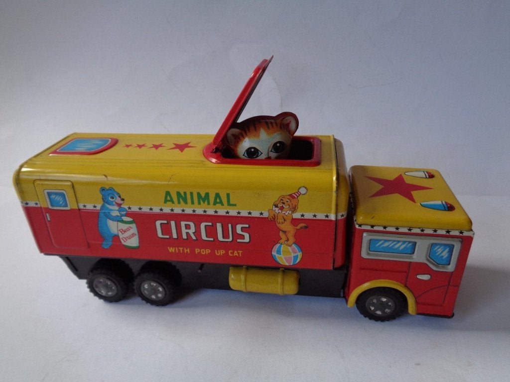 Oude blikken K.  Animal Circus Truck with pop up Cat. Japan, Verzamelen, Ophalen of Verzenden, Gebruikt