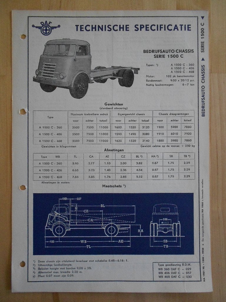 DAF 1500 C Technische Specificatie folder 1958 Kikker 1500C, Ophalen of Verzenden, Zo goed als nieuw, Overige merken, DAF