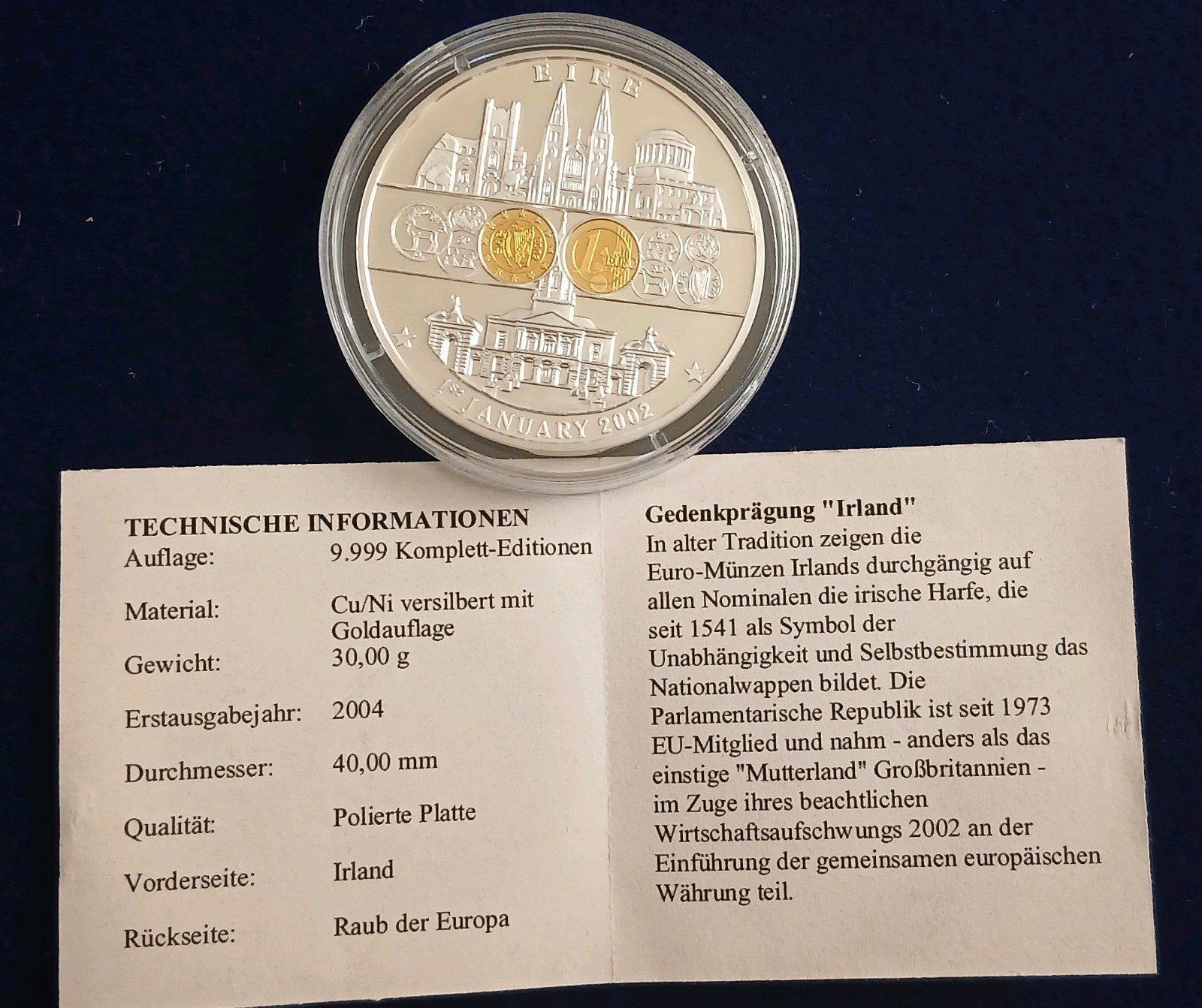 1 Euro 2002 Ierland Nieuwe Munt 2004 Proof Penning Medaille, Ophalen of Verzenden