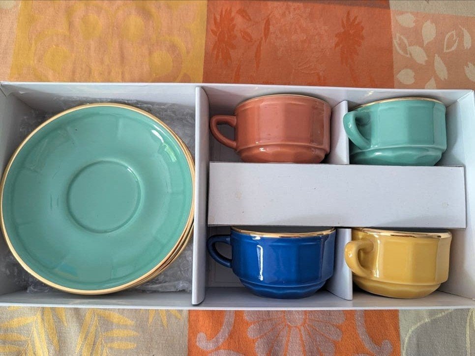 apilco Flora Deshoulieres 4x kop en schotels cadeaudoos, Ophalen of Verzenden, Nieuw, Porselein, Kop en/of schotel