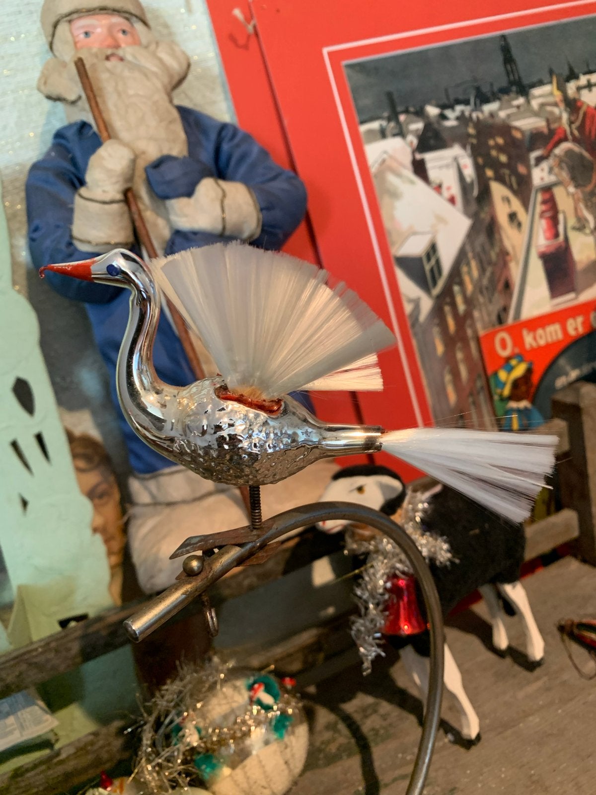 Zeer oude Vintage glazen kerst zwaan met clip. Kerst, Antiek en Kunst, Ophalen of Verzenden
