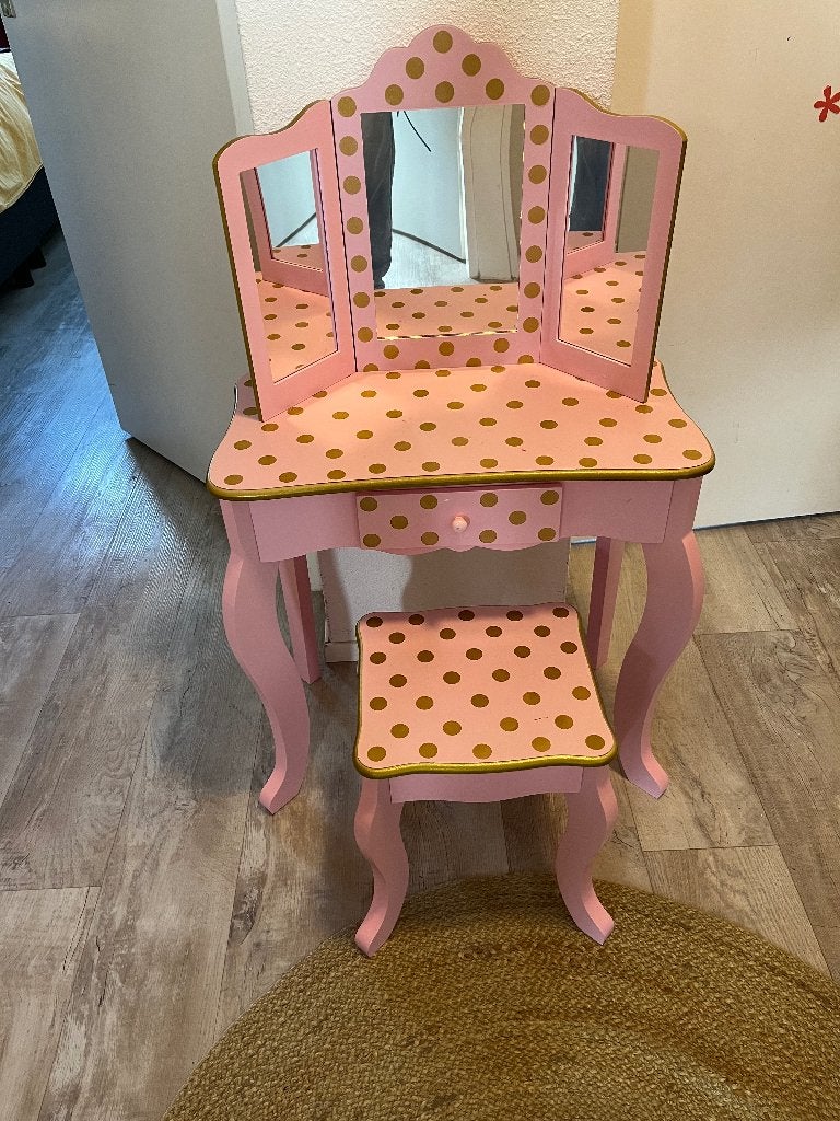 Roze kaptafel met krukje en gouden stippen, Huis en Inrichting, Minder dan 50 cm, Gebruikt, Kinderlijk, speels, prinses, Ophalen of Verzenden