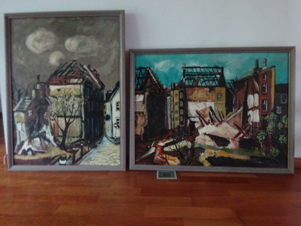 Twee expessionistische schilderijen Leon '77., Antiek en Kunst, Ophalen, Doek, Gedateerd, Expressionistisch