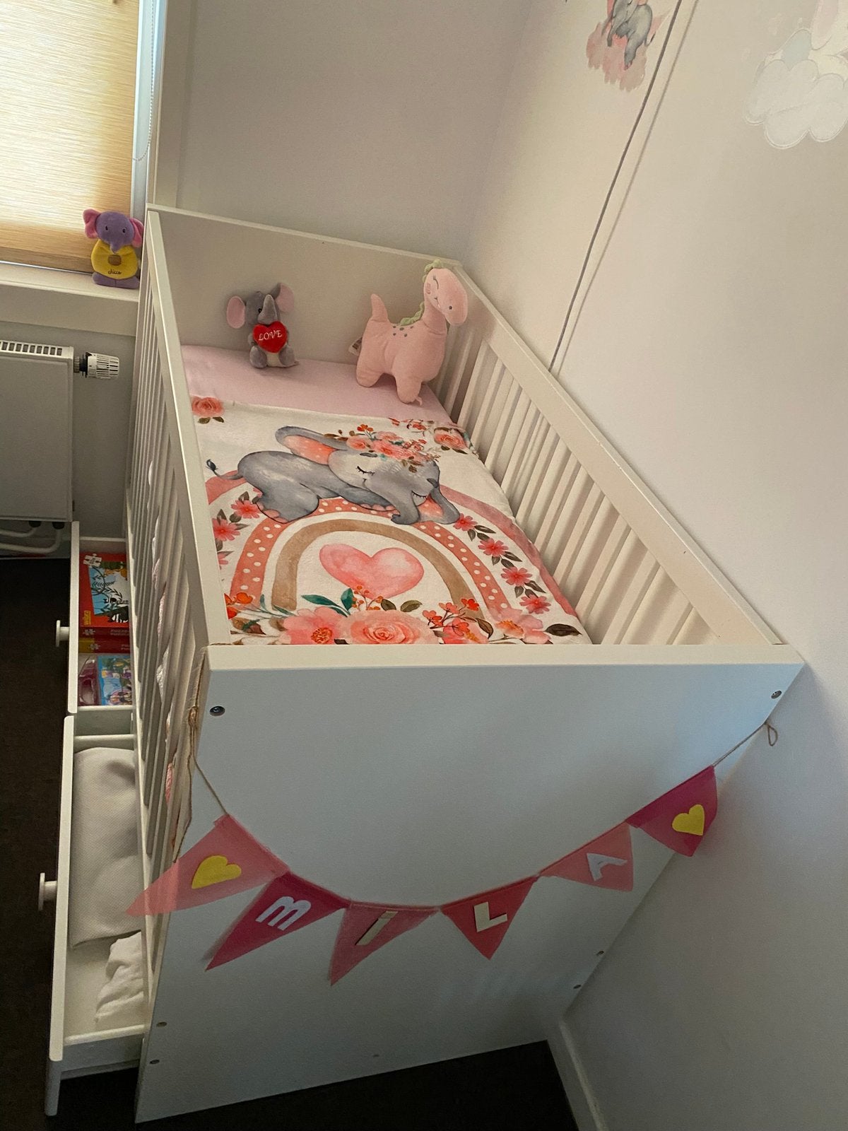 Wit ledikant met lades en matras, Zo goed als nieuw, Minder dan 140 cm, Minder dan 70 cm, Ophalen